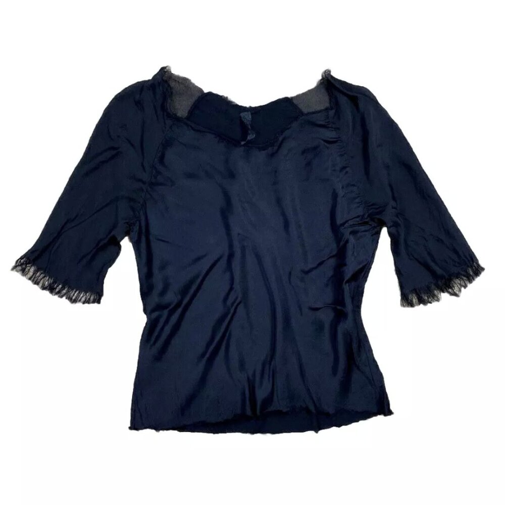 Jaga Blouse Size 3 Large Black Satin Raw Neckline Sleeve Fringe Designer $400